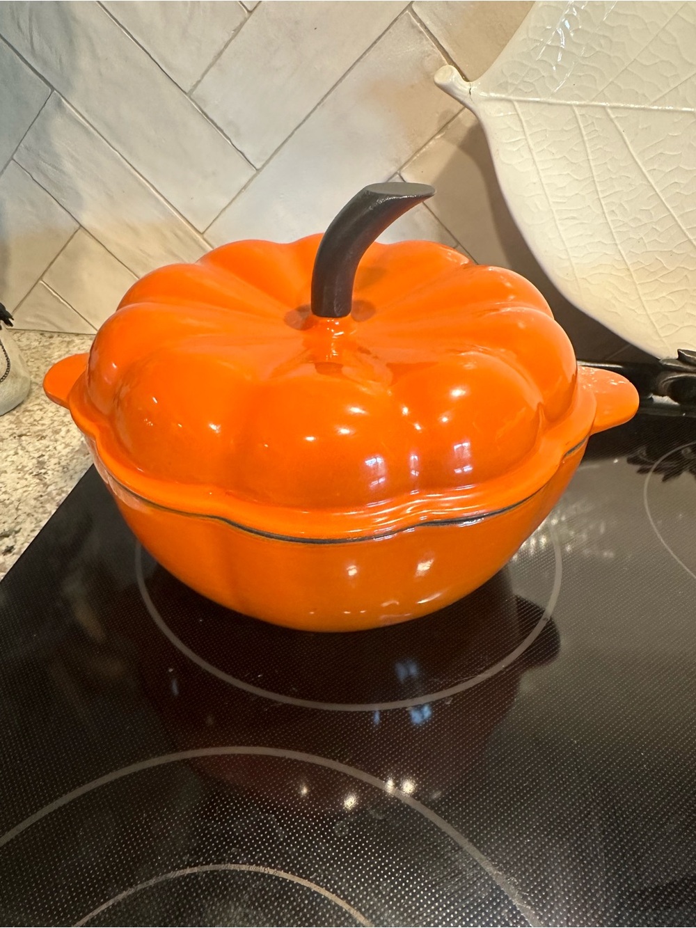 Enameled cast iron Orange Pumpkin-Shaped Dutch oven 2 quarts. Never used